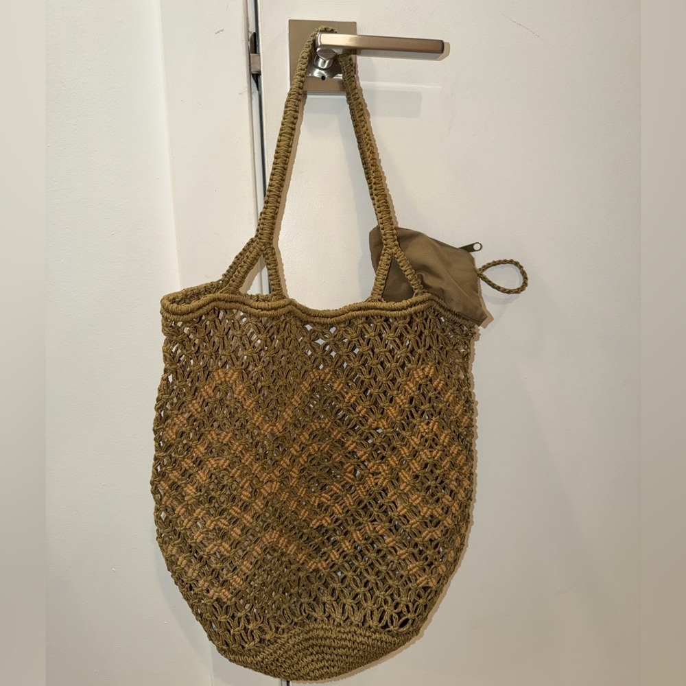 Green & Tan Woven Basket BoHo Hobo Bag